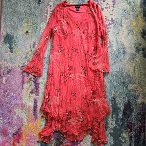 Lane Bryant Silk Floral Midi Asymmetrical Hemline Long Sleeved